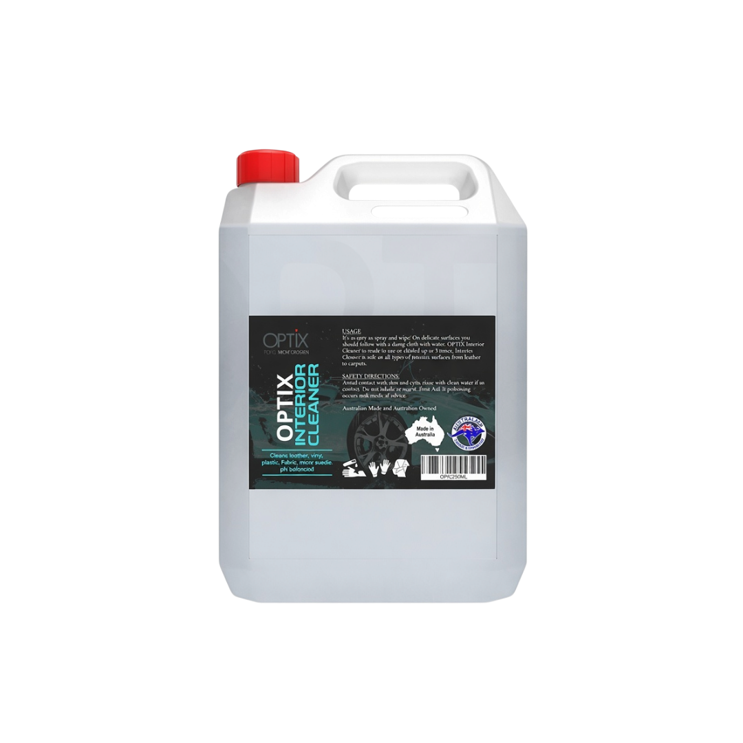 The Detail Warehouse OPTiX Interior Cleaner spray bottle for cleaning car fabric, leather, vinyl, and plastic surfaces.