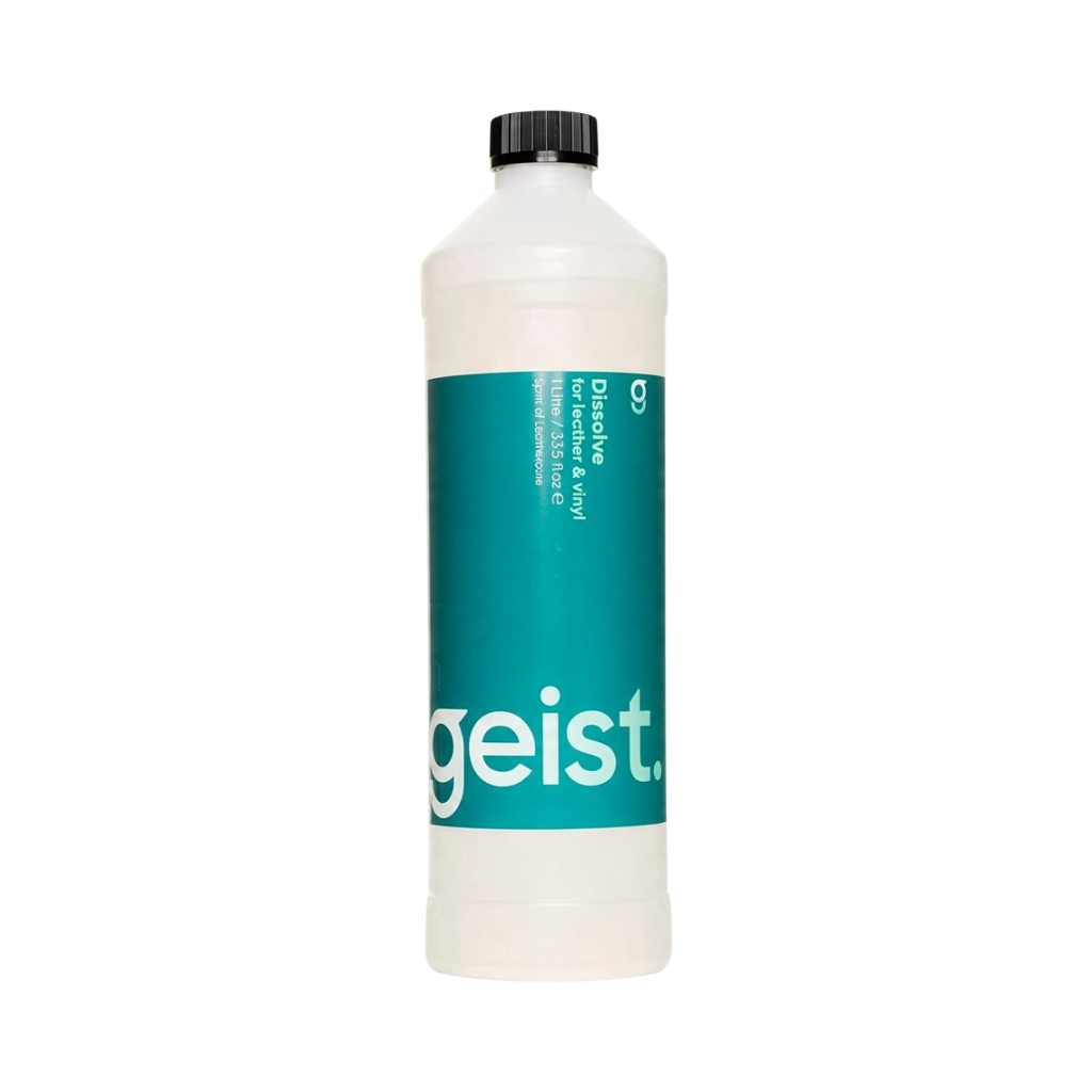 The Detail Warehouse Geist Dissolve leather finish stripper in a 1-litre white bottle with a teal label.