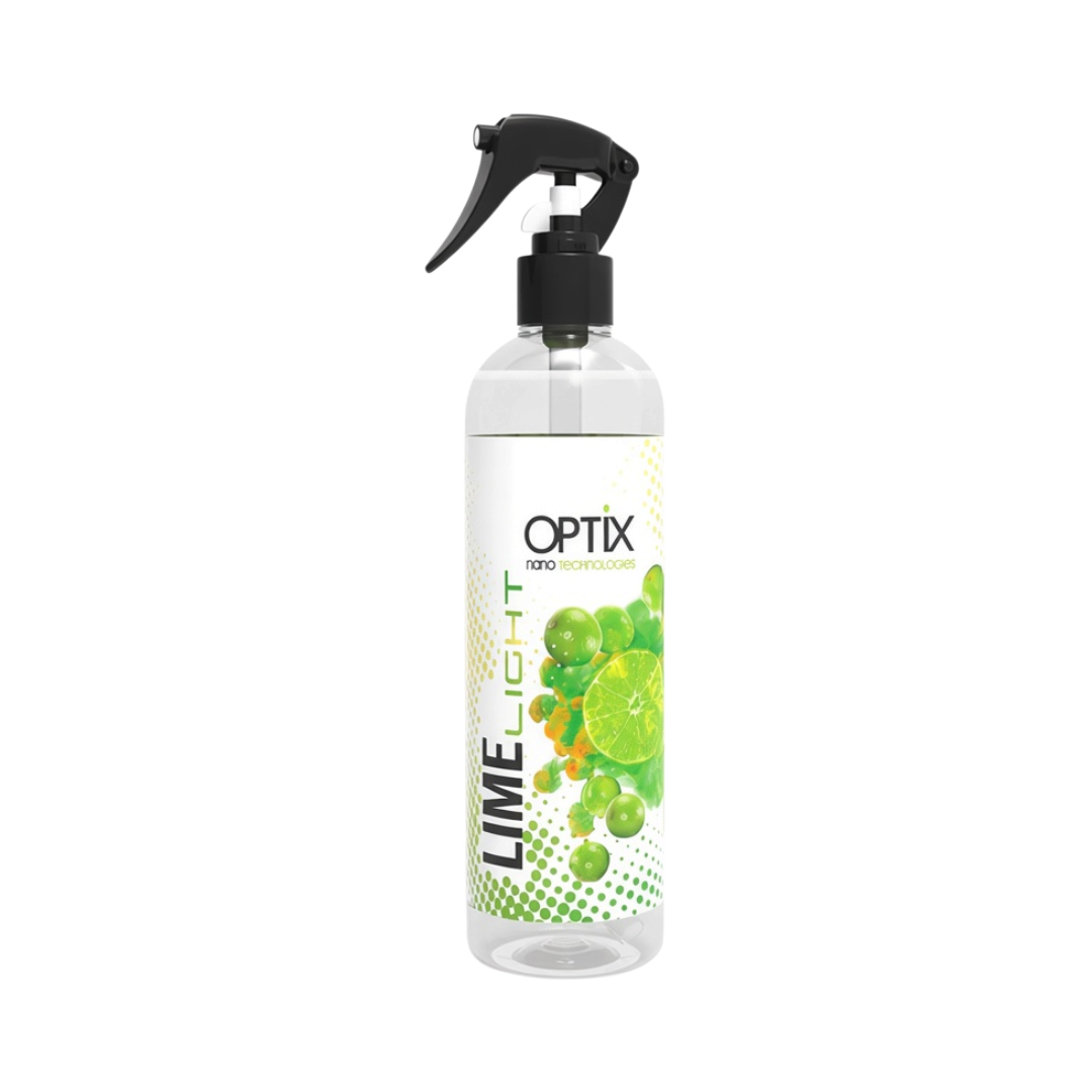 The Detail Warehouse OPTiX LIME LIGHT air freshener spray bottle with citrus lime graphics on a white background