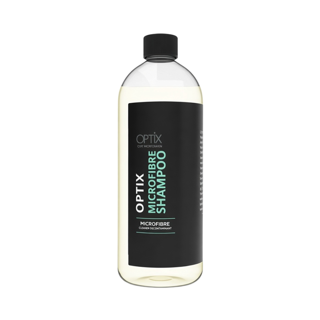 The Detail Warehouse OPTiX Microfibre Wash Shampoo in a 1-litre clear bottle for cleaning detailing towels and mitts.