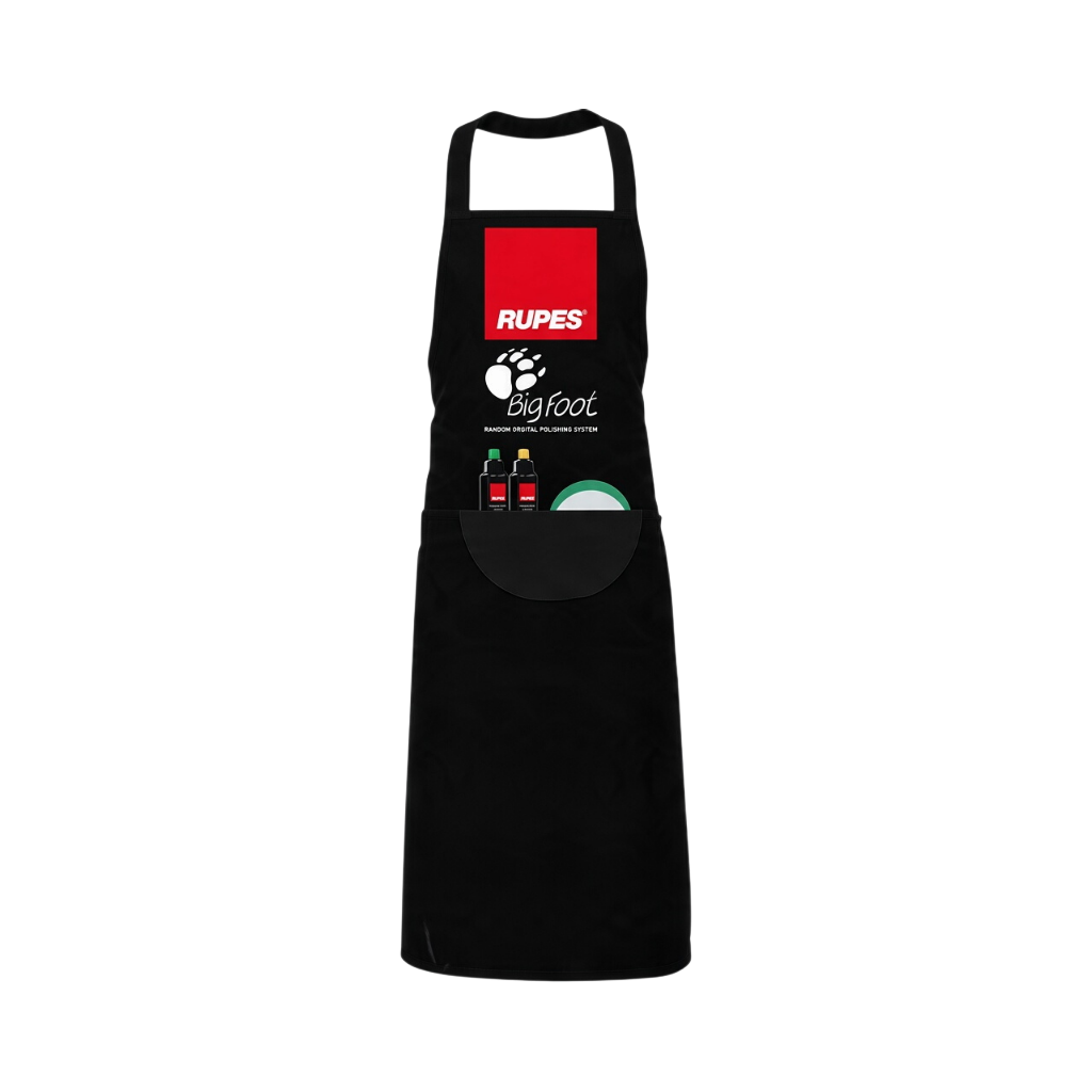 The Detail Warehouse Rupes Big Foot black polyester detailing apron with front pocket and logo branding