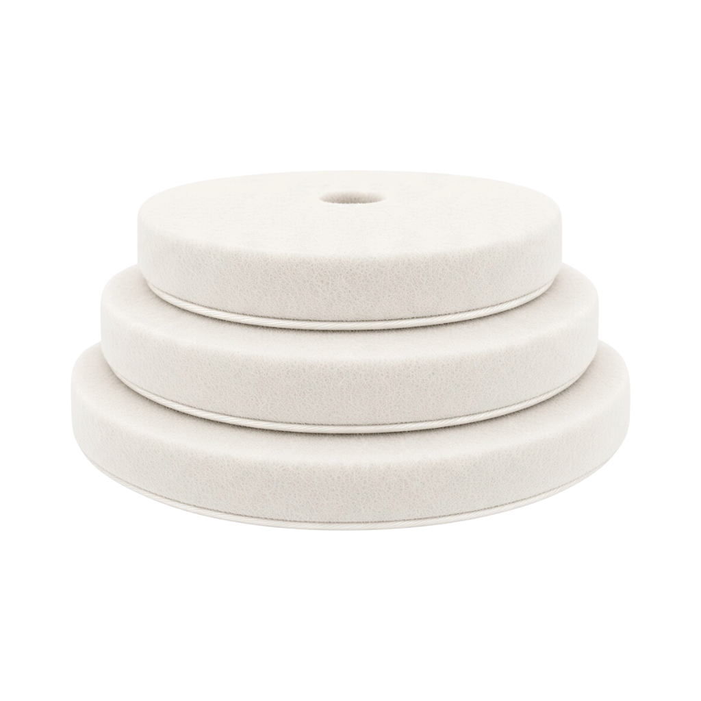 The Detail Warehouse Rupes white ultra-fine foam polishing pad for rotary polishers with a rounded edge design.