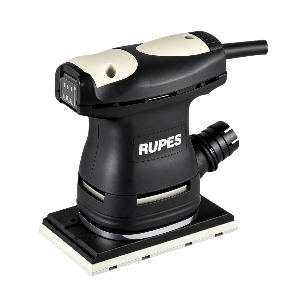 The Detail Warehouse Rupes LE71T orbital sander in black and white with a rectangular sanding pad and dust filter