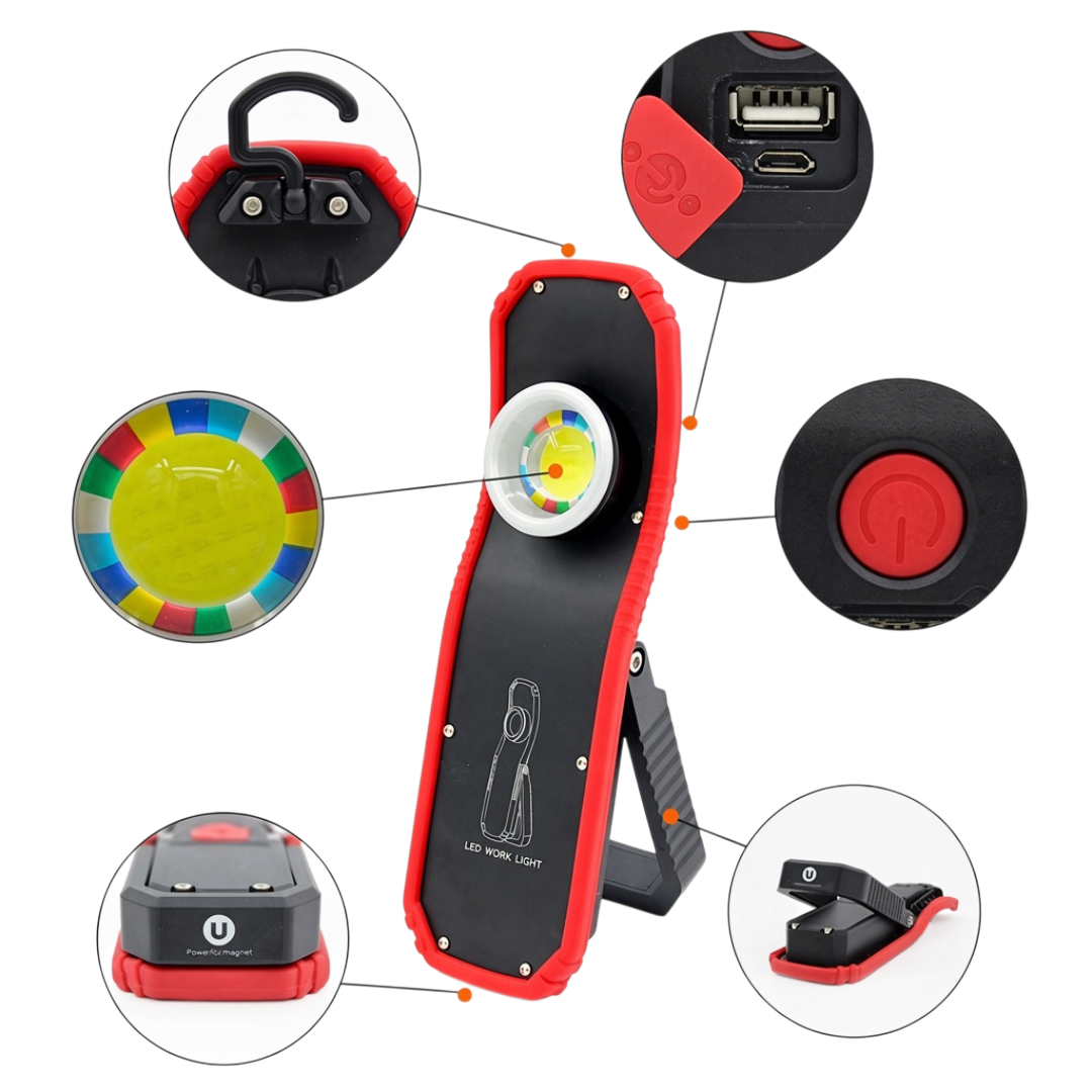 The Detail Warehouse OPTiX LED inspection light with red and black casing, featuring a magnetic base, hook, and USB port.