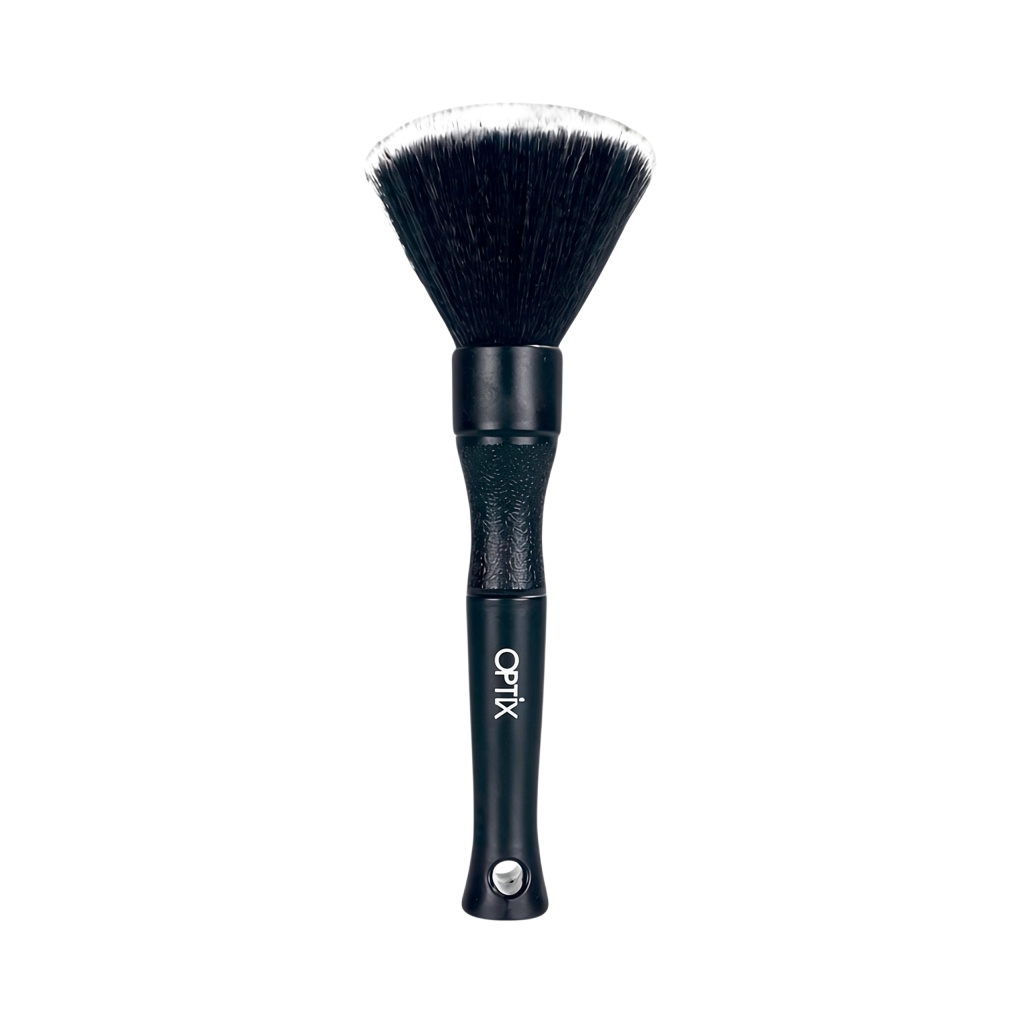 The Detail Warehouse OPTiX ultra-soft interior detailing brush with black handle and white-tipped synthetic bristles.