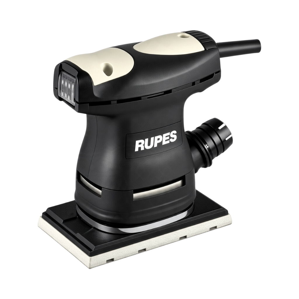 The Detail Warehouse Rupes LE71T orbital sander in black and white with a rectangular sanding pad and dust filter