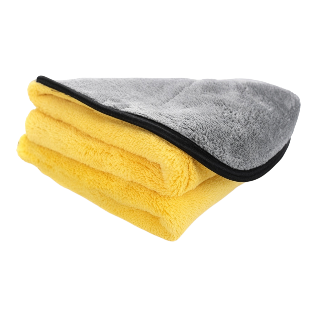 The Detail Warehouse OPTiX plush 2-faced microfiber towel in yellow and gray for scratch-free car detailing