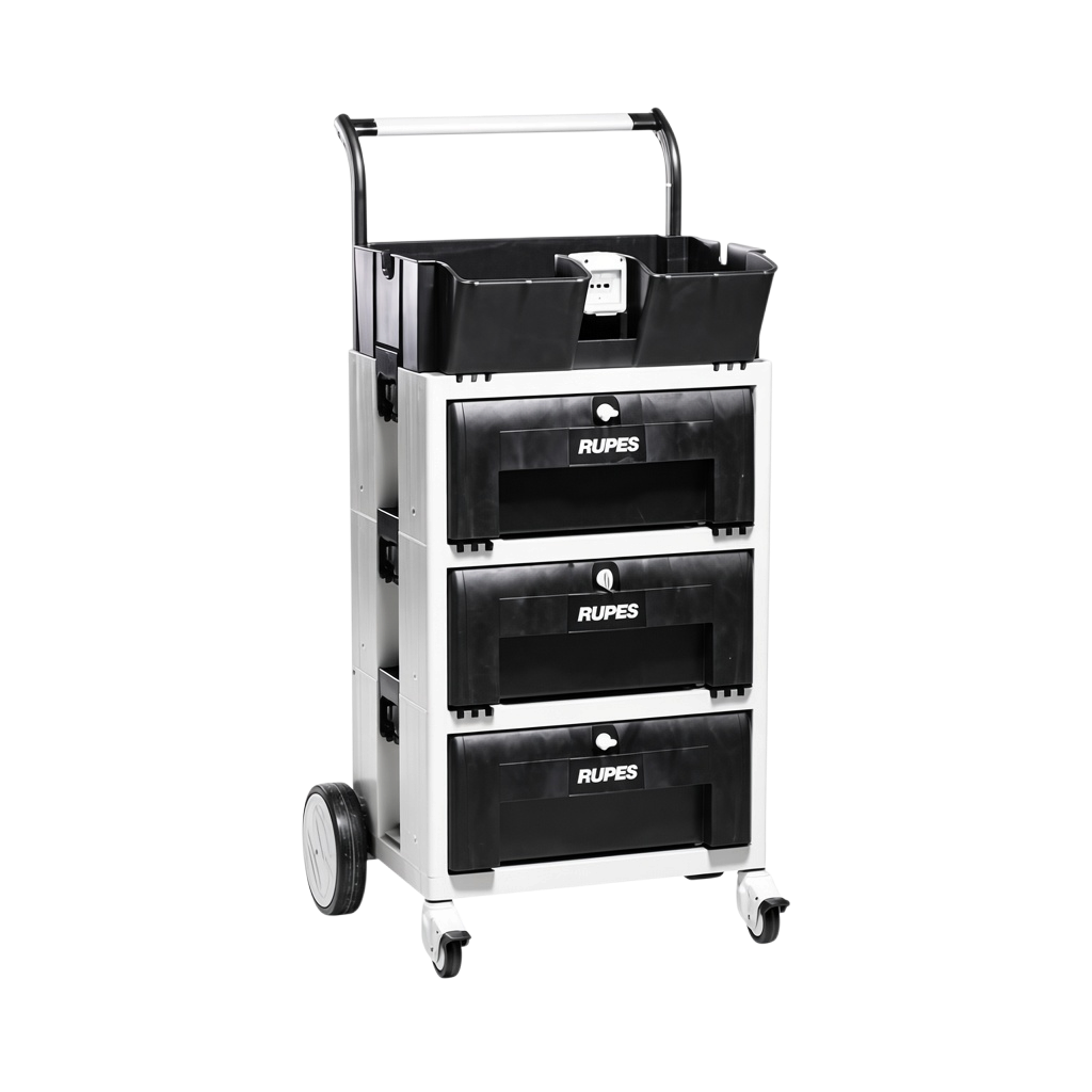 The Detail Warehouse Rupes 3-drawer modular workshop trolley with black storage drawers and integrated power socket.