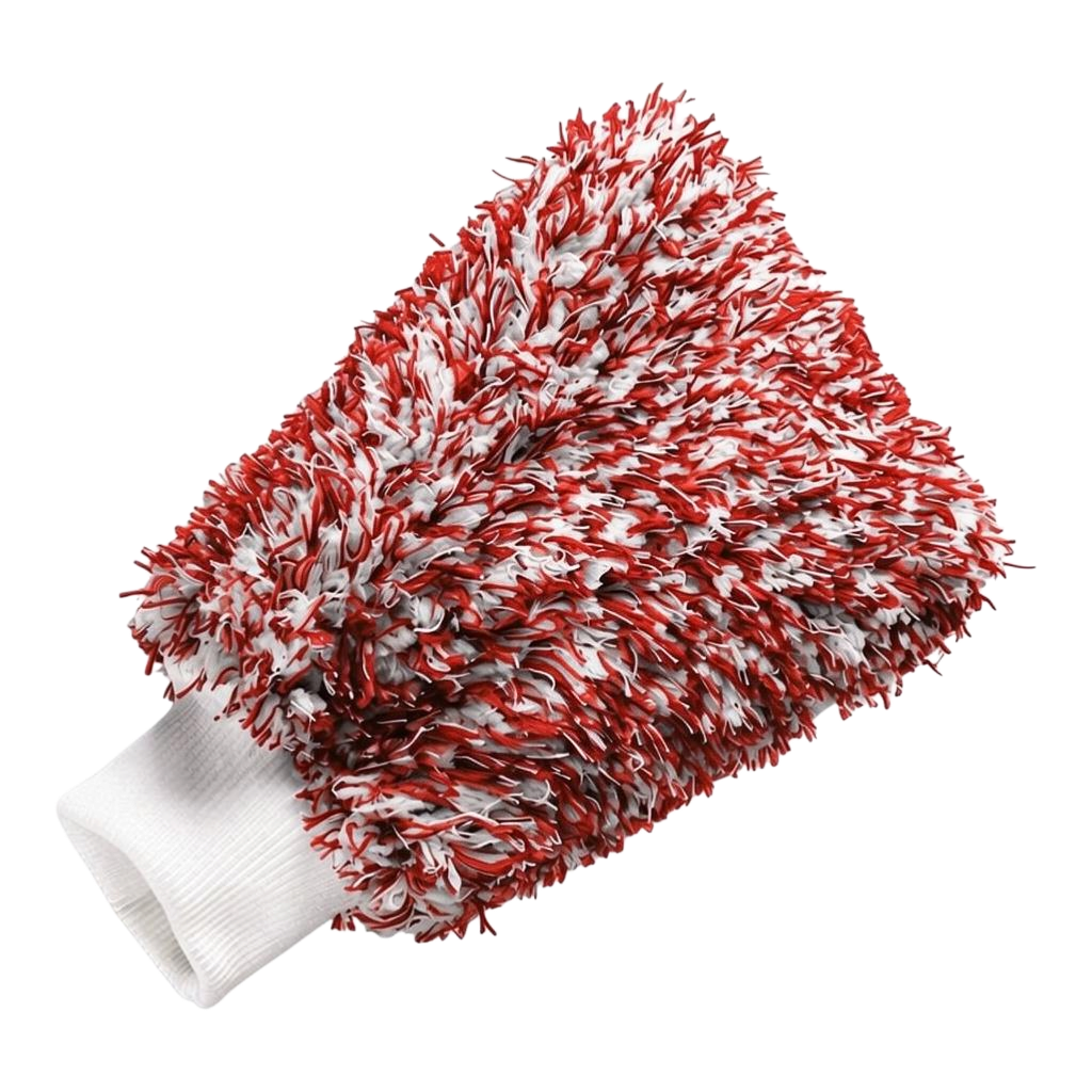 The Detail Warehouse OPTiX Bluey wash mitt featuring red and white synthetic microfiber strands and a white cuff.