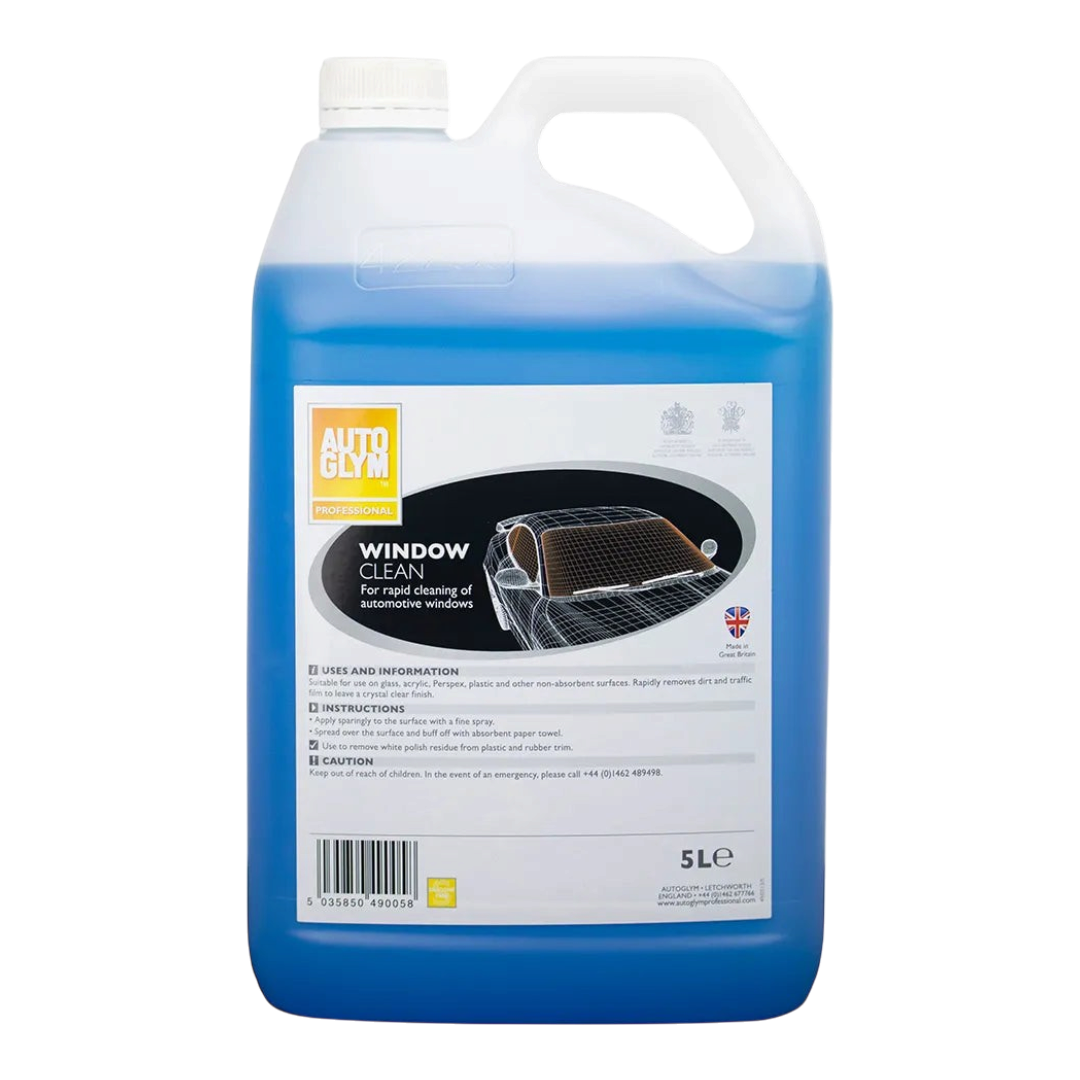The Detail Warehouse Autoglym Window Cleaner 5 litre blue liquid in a plastic container for streak-free car glass