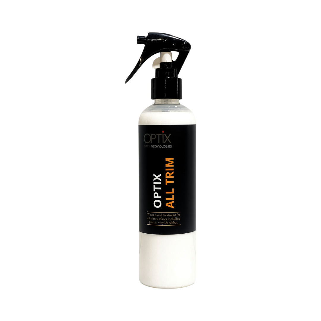 The Detail Warehouse OPTiX All Trim spray bottle for restoring and protecting automotive plastic, vinyl, and rubber.