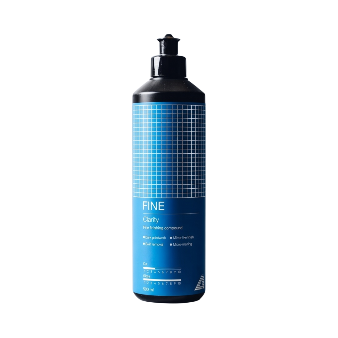 The Detail Warehouse Apex Customs Clarity fine polishing compound in a 500ml blue bottle for mirror-like car finishes.