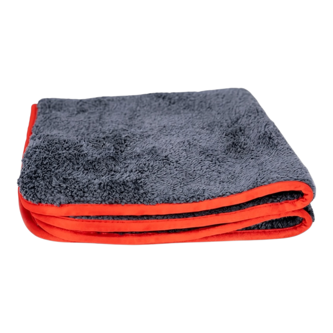 The Detail Warehouse OPTiX 600gsm black plush microfibre drying towel with sporty red trim for car detailing
