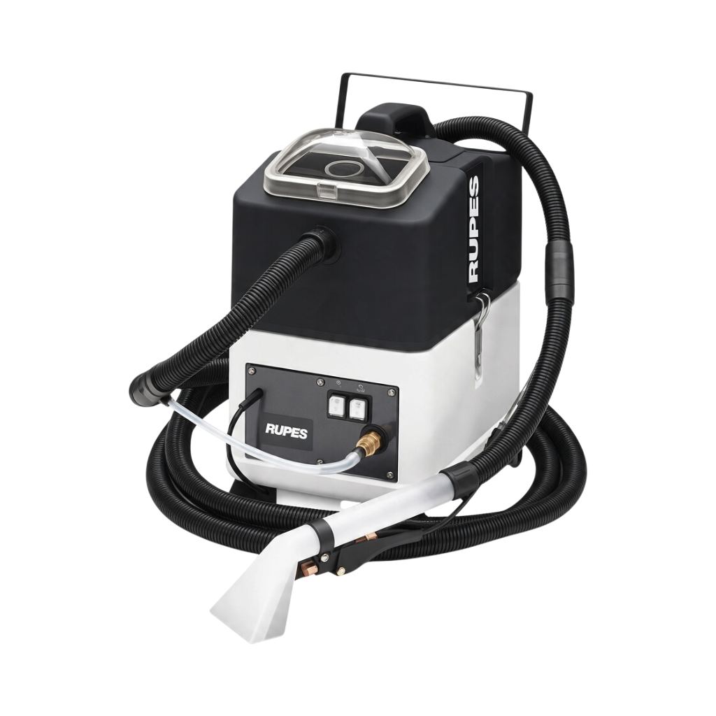The Detail Warehouse Rupes CK31 professional upholstery extraction machine with black and white housing and hose.