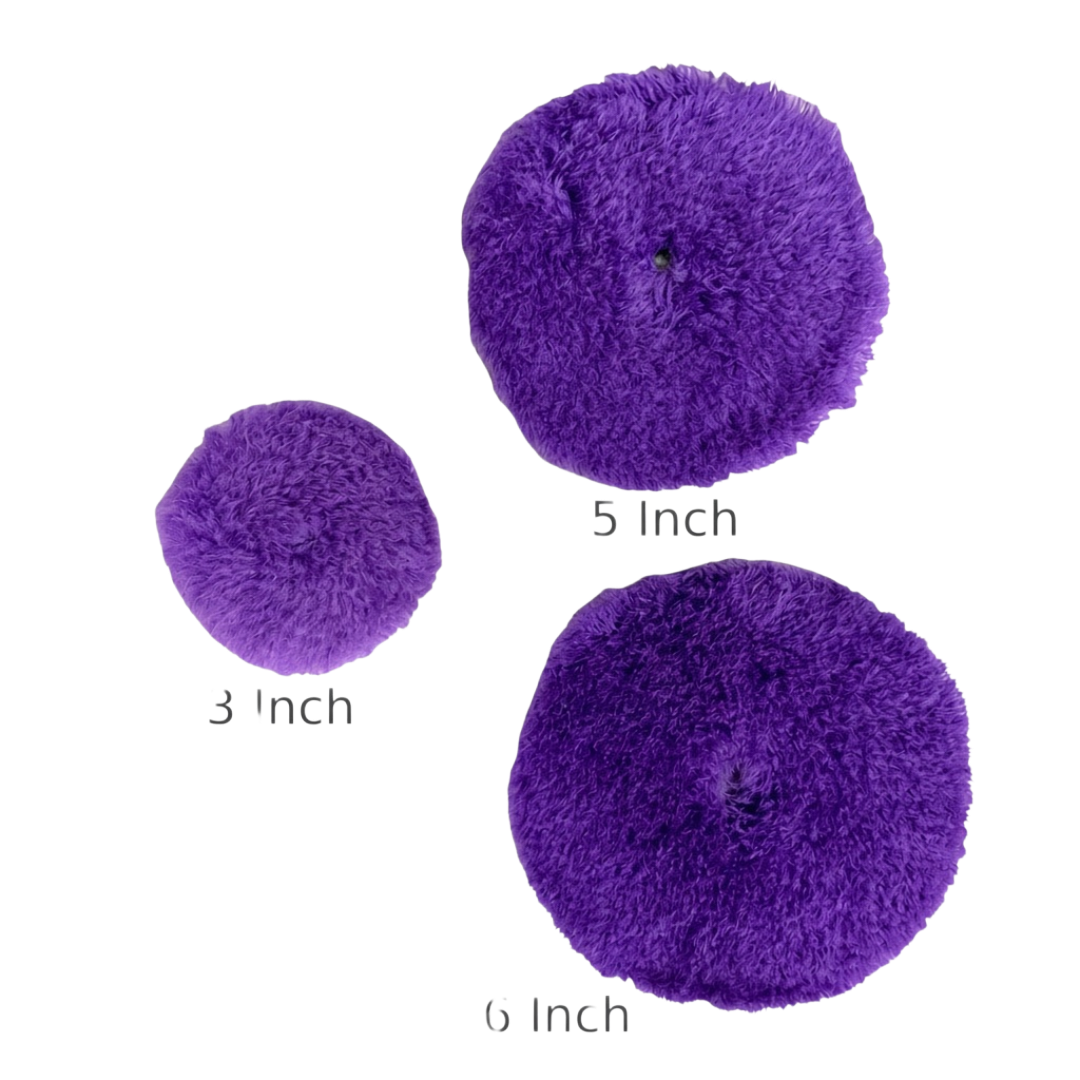 The Detail Warehouse OPTiX Purple Haze medium wool polishing pads in 3-inch, 5-inch, and 6-inch sizes for car paint.