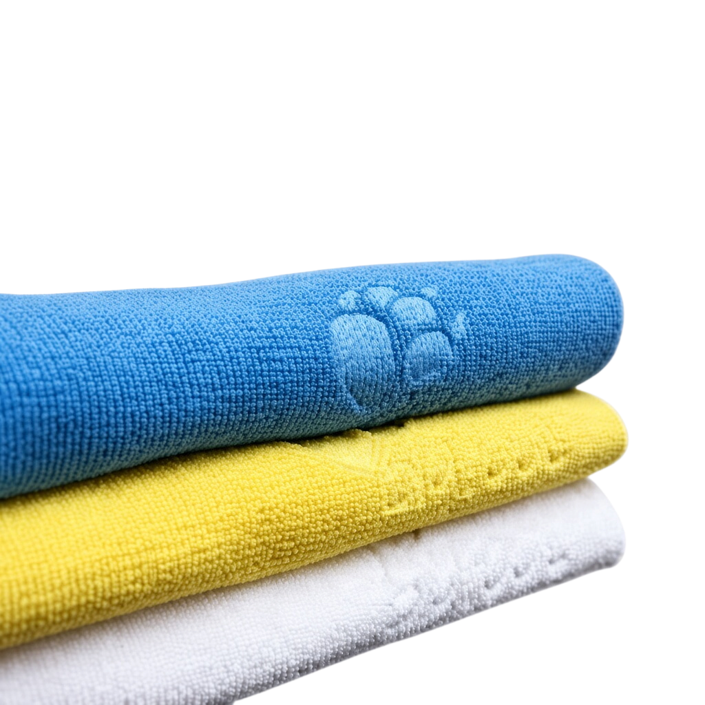 The Detail Warehouse Rupes DA system blue, yellow, and white microfiber polishing cloths with embossed BigFoot logo