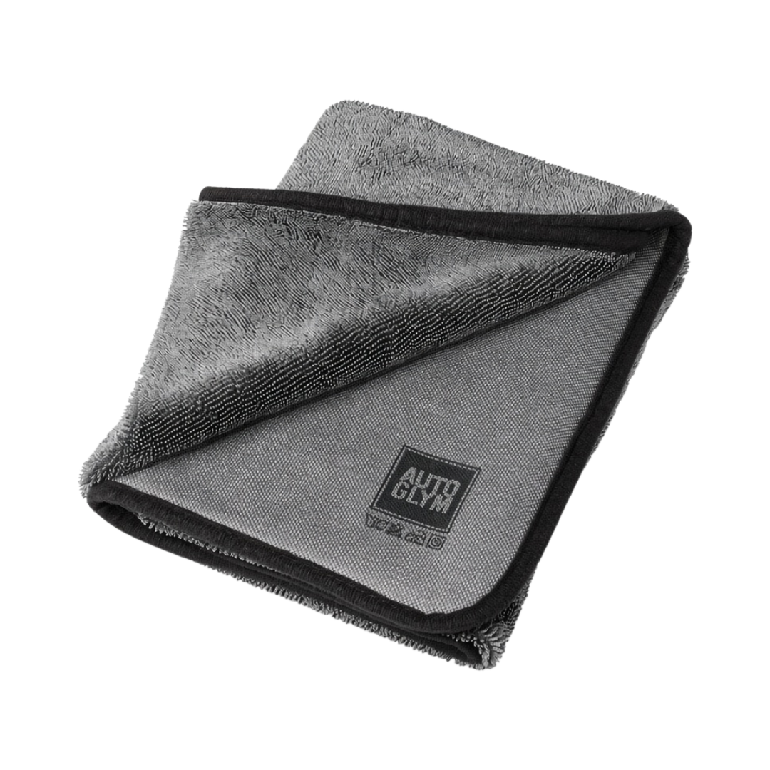 The Detail Warehouse Autoglym Ultra Soft Drying Towel in grey with a high density twisted loop texture and black trim.