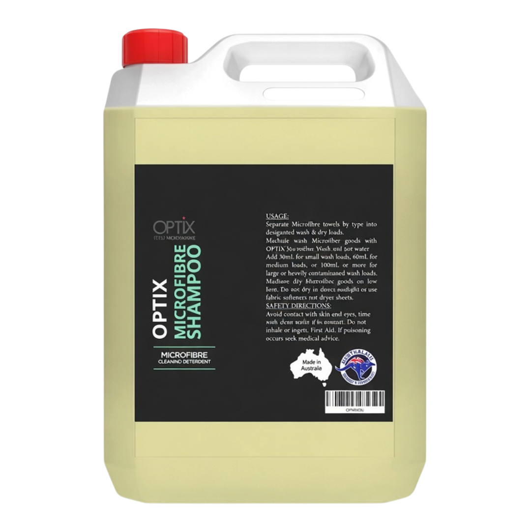 The Detail Warehouse OPTiX Microfibre Wash Shampoo in a 1-litre clear bottle for cleaning detailing towels and mitts.
