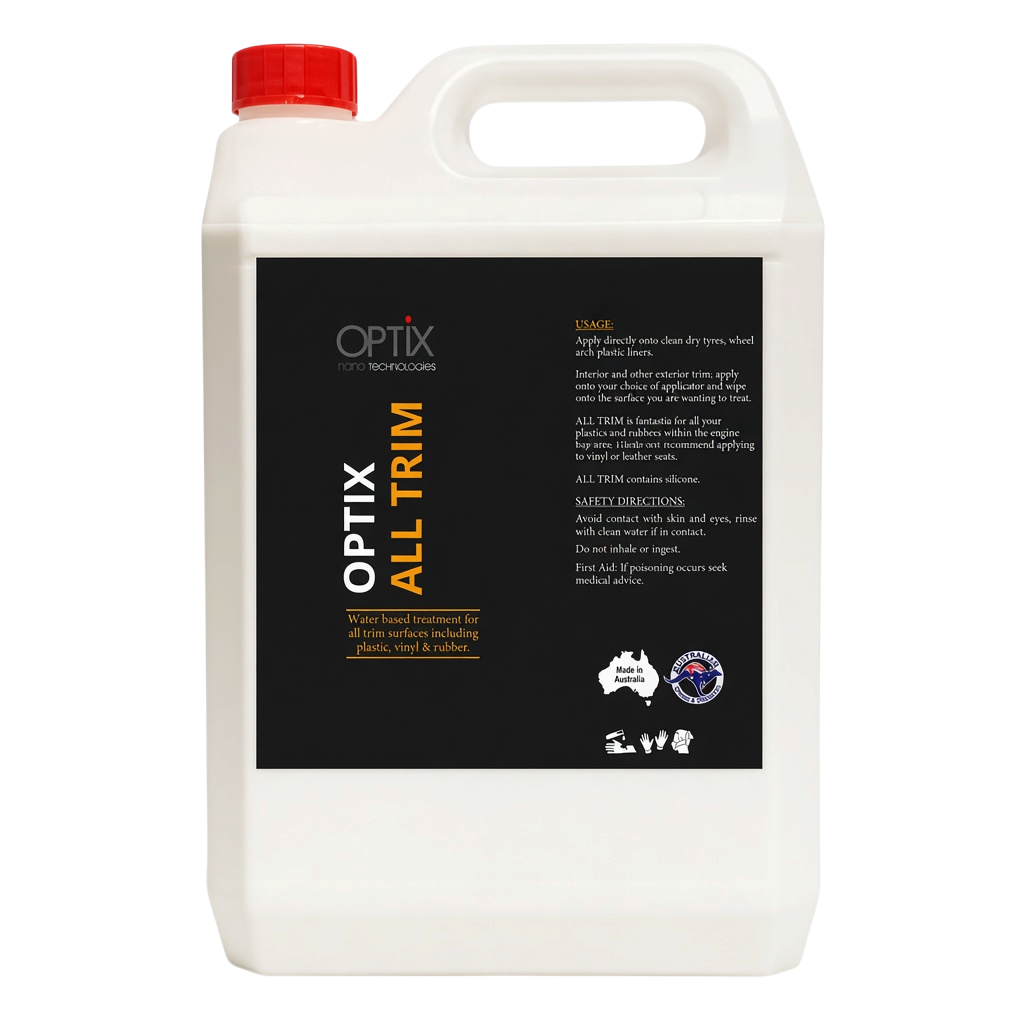 The Detail Warehouse OPTiX All Trim spray bottle for restoring and protecting automotive plastic, vinyl, and rubber.