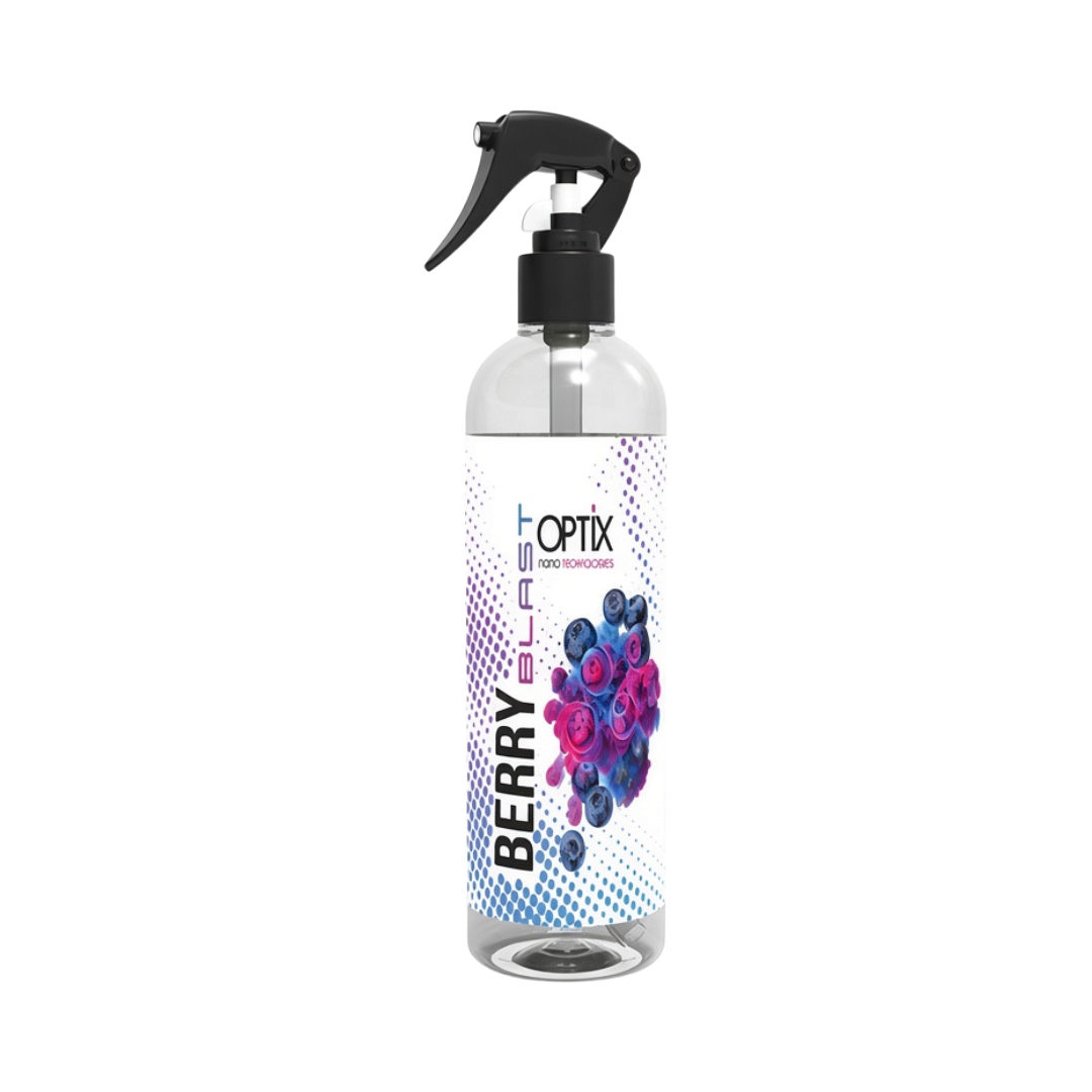 The Detail Warehouse OPTiX Berry Blast air freshener in a clear 250ml spray bottle with a black trigger nozzle.