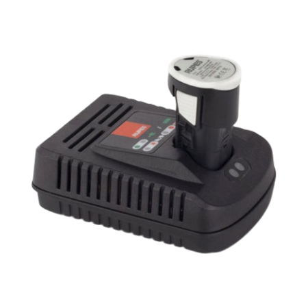 The Detail Warehouse Rupes iBrid Nano battery charger with a rechargeable battery inserted in a black plastic housing.