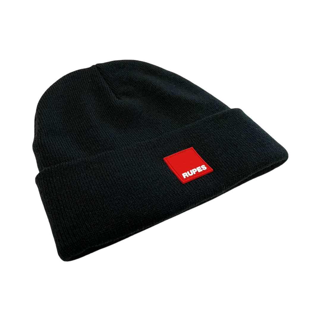 The Detail Warehouse black acrylic knit beanie with a red PVC RUPES logo patch on the front turn-back cuff