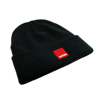 The Detail Warehouse black acrylic knit beanie with a red PVC RUPES logo patch on the front turn-back cuff