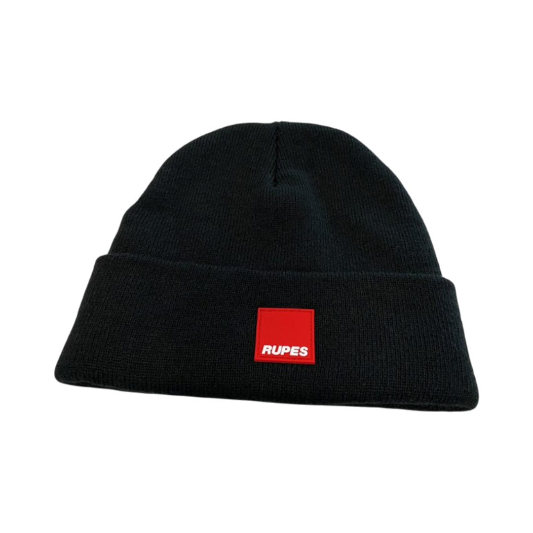 The Detail Warehouse black acrylic knit beanie featuring a red PVC RUPES logo patch on the front turn-back cuff.