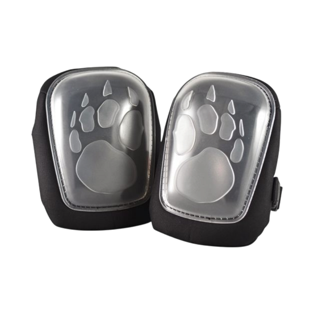 The Detail Warehouse Rupes Bigfoot knee pads with black fabric and clear paw-shaped protective caps for detailers.