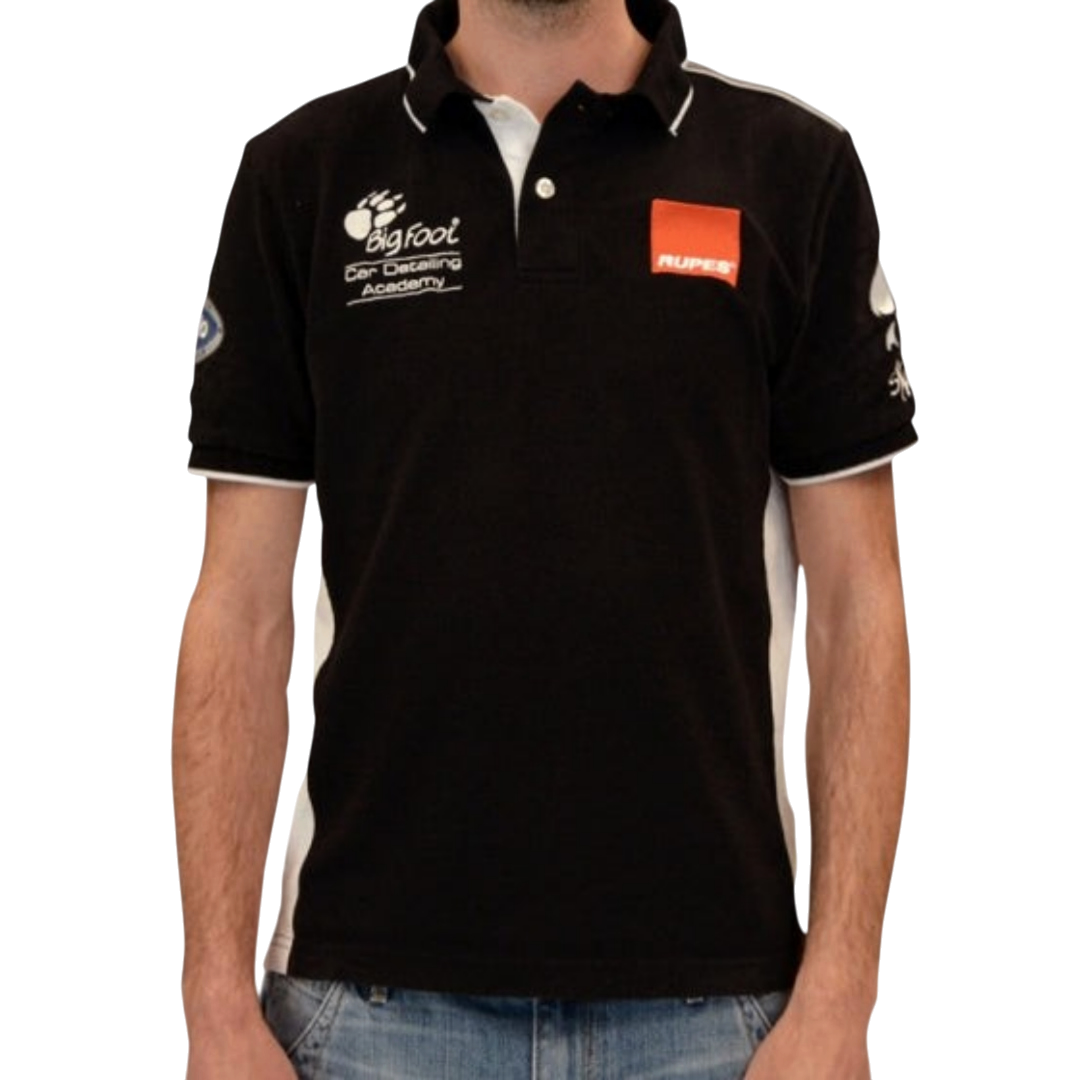 The Detail Warehouse Rupes BigFoot Academy black and white cotton polo shirt with embroidered logos on chest and sleeves