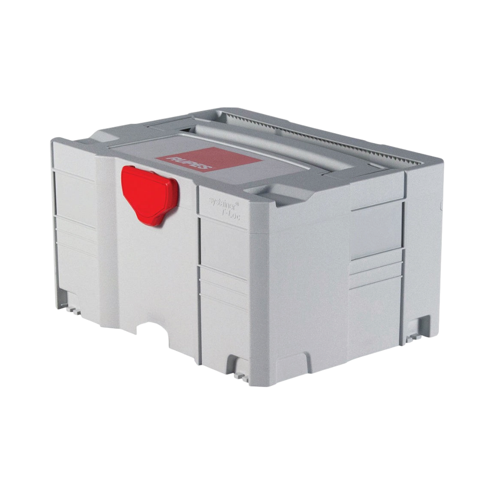 The Detail Warehouse Rupes Systainer III T-Loc modular storage case in light grey with a red latch and logo.