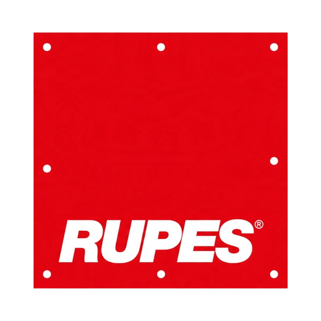 The Detail Warehouse red RUPES wall banner with white logo and metal eyelets for detailing studio display
