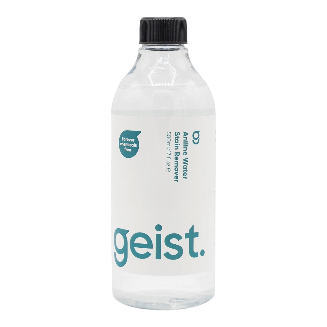 The Detail Warehouse Geist Aniline Water Stain Remover in a clear 500ml bottle for cleaning absorbent leather.