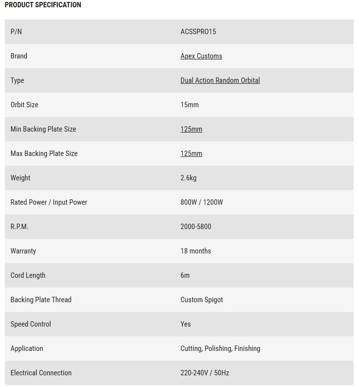 Apex Customs Sensei Pro 15mm - DA Polisher