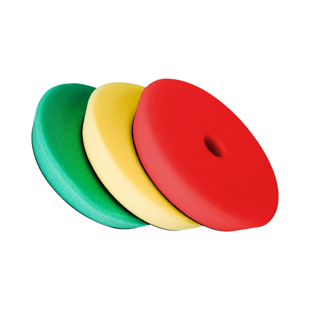 The Detail Warehouse Apex Customs German foam polishing pad kit featuring green, yellow, and red pads for car detailing