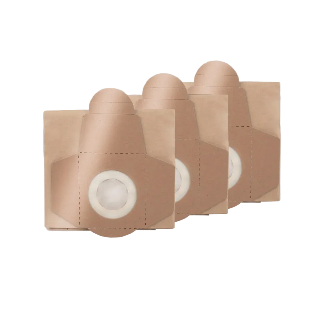 Three beige vacuum cleaner bags with white suction cups on a gray background
