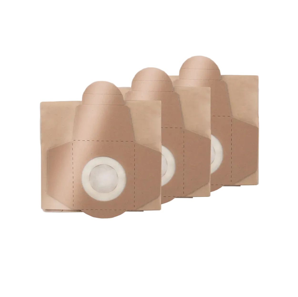 Three beige vacuum cleaner bags with white suction cups on a gray background