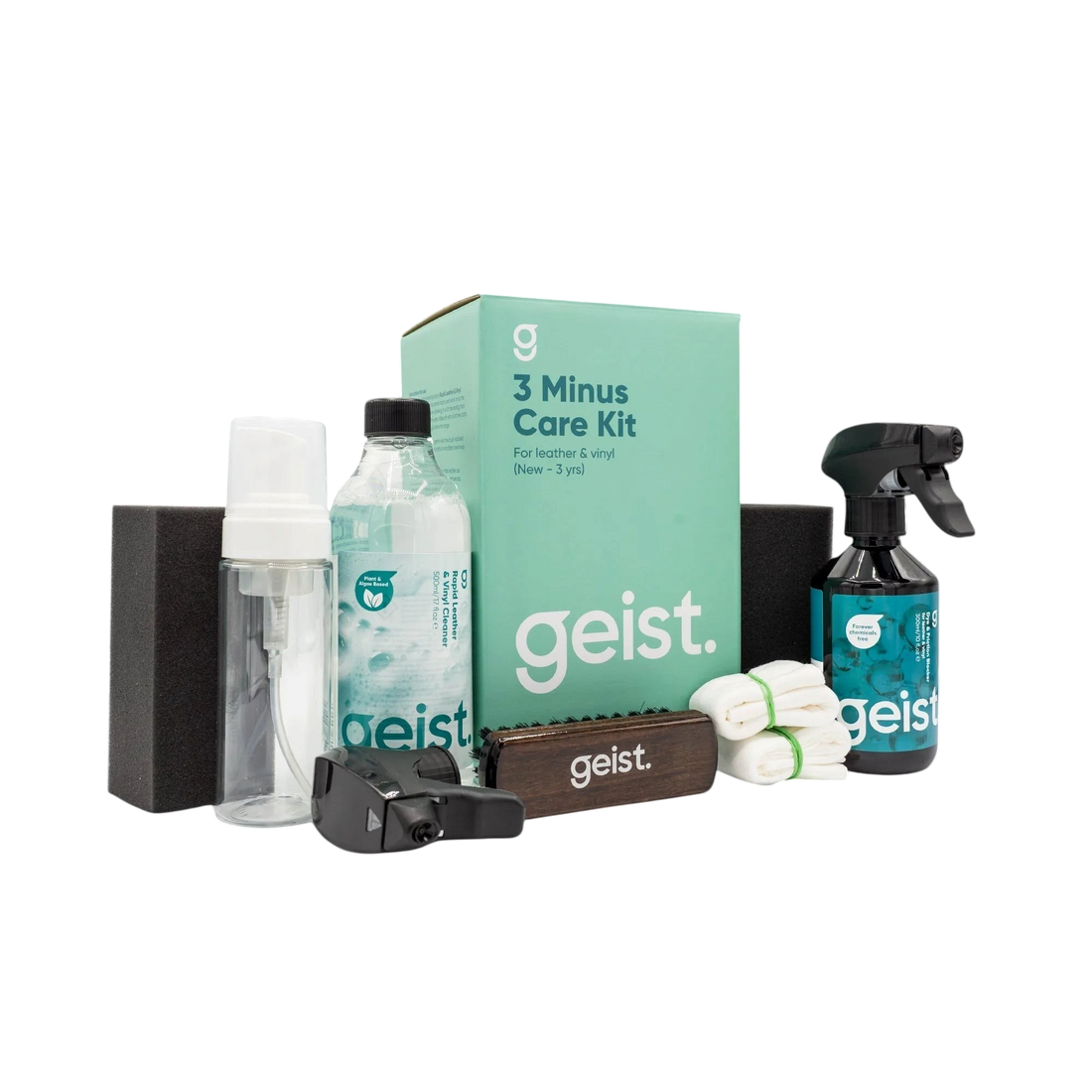The Detail Warehouse Geist 3 Minus Care Kit for new leather and vinyl, featuring cleaner, blocker, brush, and cloths.