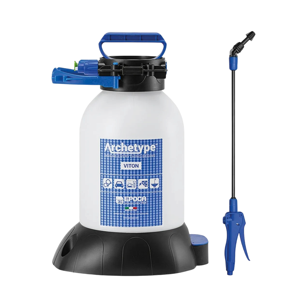 The Detail Warehouse Epoca 5L pressure sprayer with Viton seals, featuring a white tank, blue handle, and spray lance.