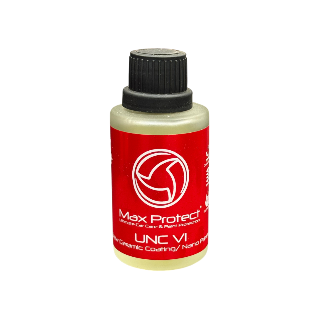 The Detail Warehouse Max Protect UNC V1 30ml ceramic coating bottle with a red label and black cap.
