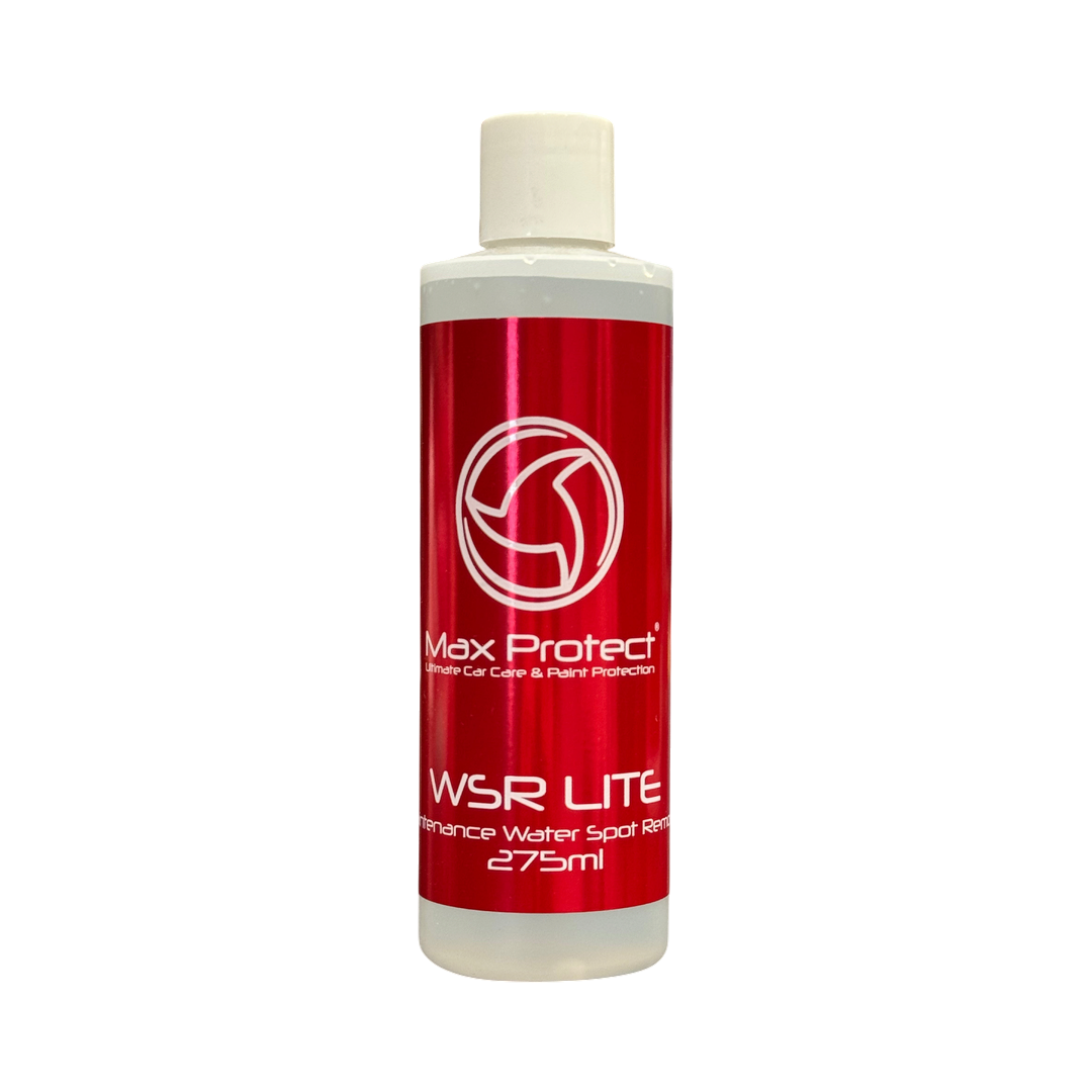 The Detail Warehouse Max Protect WSR Lite water spot remover bottle for car paint, glass, and PPF film surfaces.