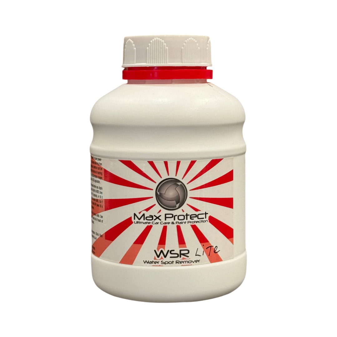 The Detail Warehouse Max Protect WSR Lite water spot remover bottle for car paint, glass, and PPF film surfaces.