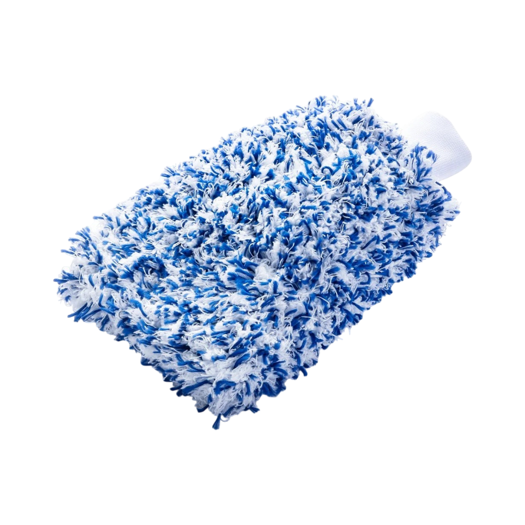 The Detail Warehouse Apex Customs ultra-plush blue and white microfibre wash mitt for scratch-free car detailing