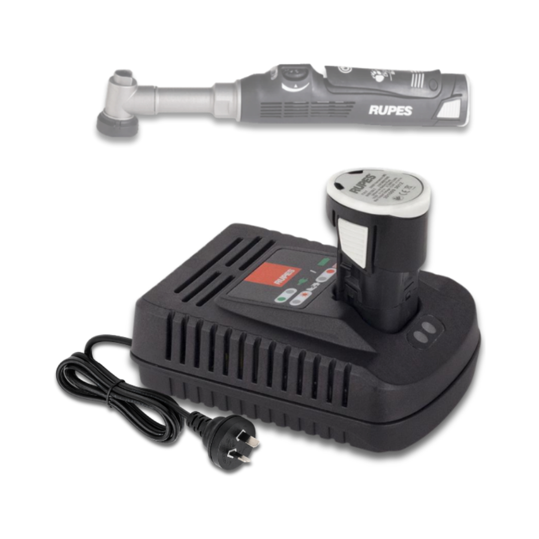 The Detail Warehouse Rupes iBrid Nano battery charger with a rechargeable battery inserted in a black plastic housing.