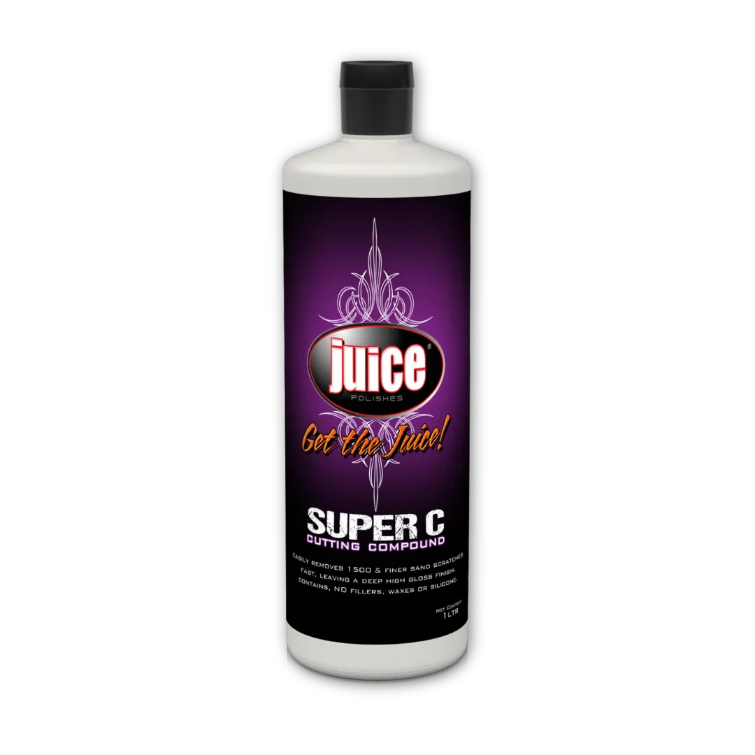 Bottle of Super C Cutting Compound with a black and purple label on a white background