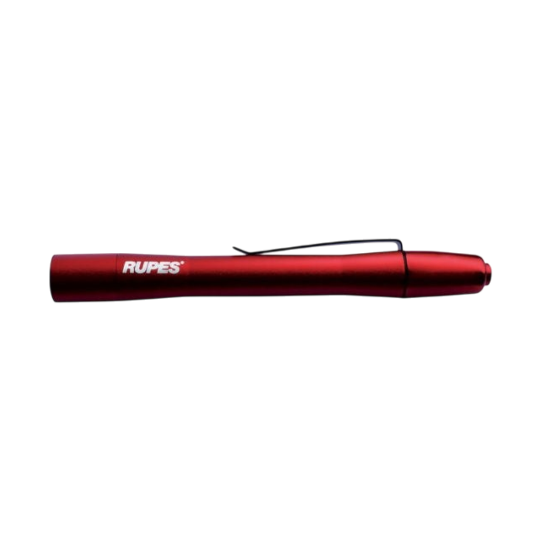 The Detail Warehouse Rupes Swirl Finder Pen Light in red with adjustable beam focus for automotive paint inspection