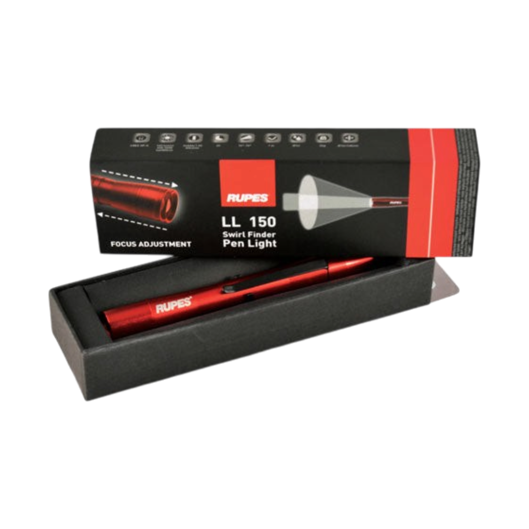 The Detail Warehouse Rupes Swirl Finder Pen Light in red with adjustable beam focus for automotive paint inspection