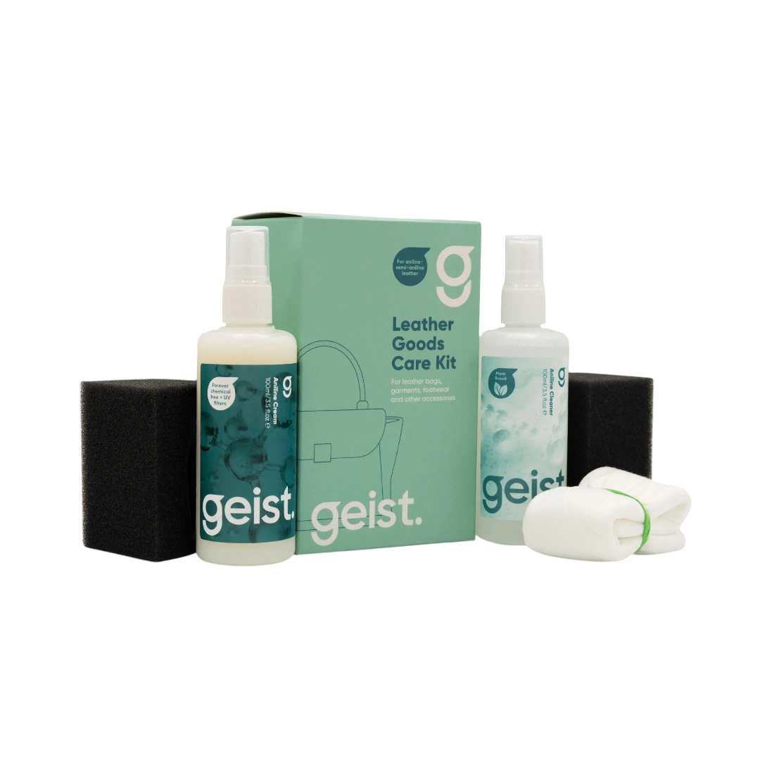 The Detail Warehouse Geist aniline leather care kit with cleaner, cream, sponge, and cloth for luxury leather goods.
