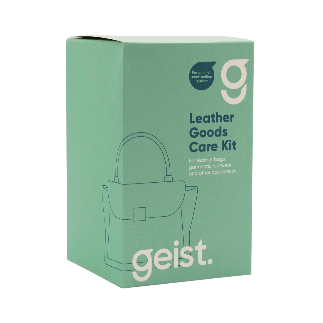 The Detail Warehouse Geist aniline leather care kit with cleaner, cream, sponge, and cloth for luxury leather goods.