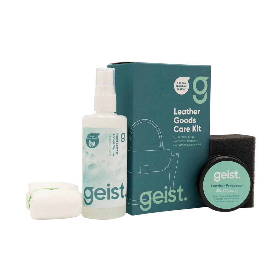 The Detail Warehouse Geist pigmented leather care kit including cleaner, preserver, sponge, and cloth in a box.